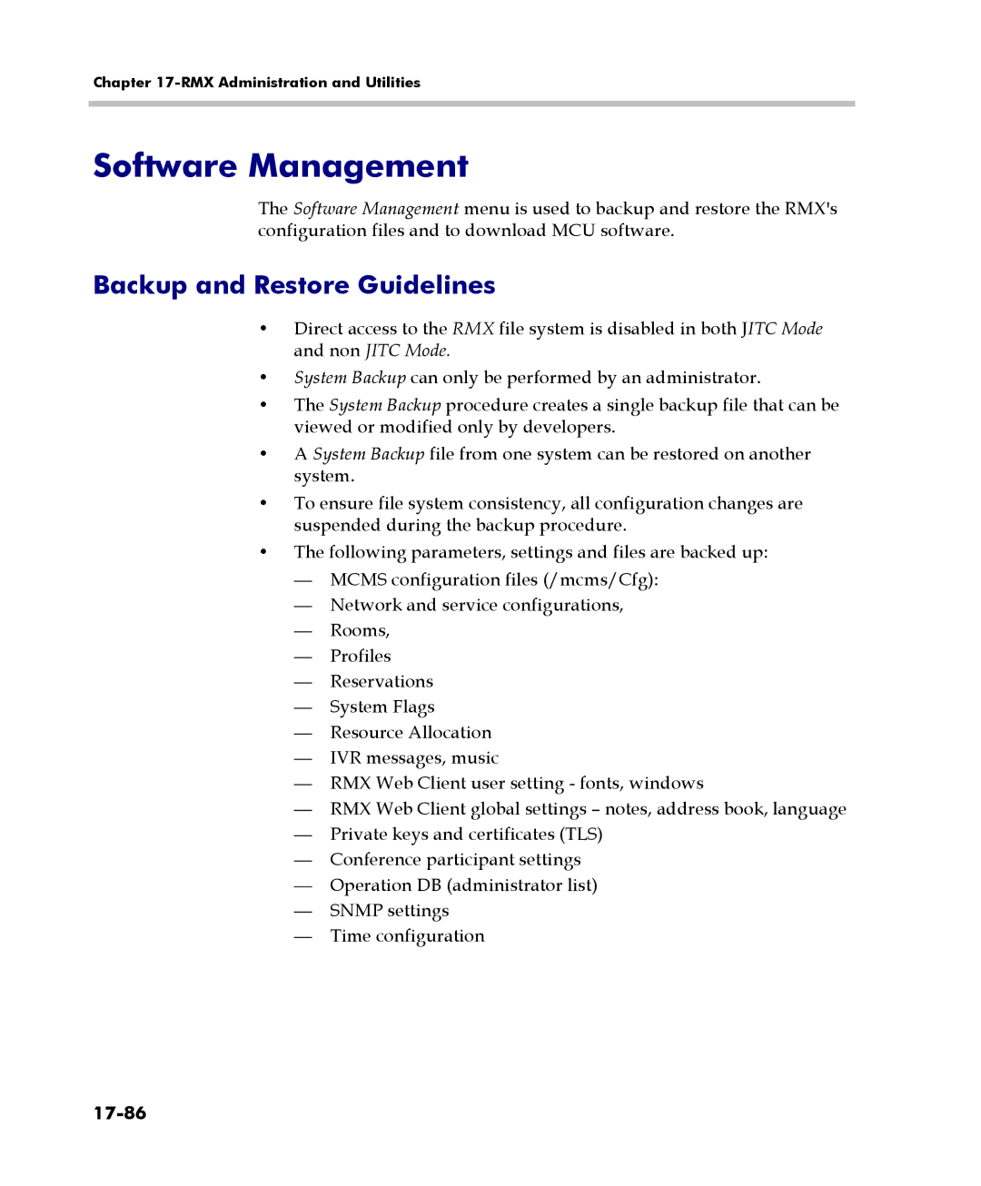 Polycom 2000/4000 manual Software Management, Backup and Restore Guidelines, 17-86 