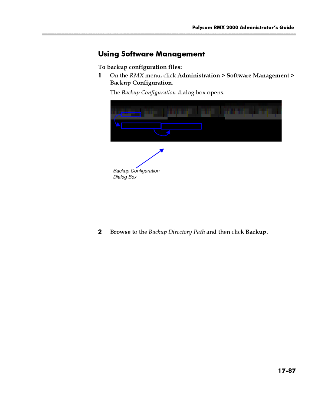 Polycom 2000/4000 manual Using Software Management, Backup Configuration dialog box opens, 17-87 