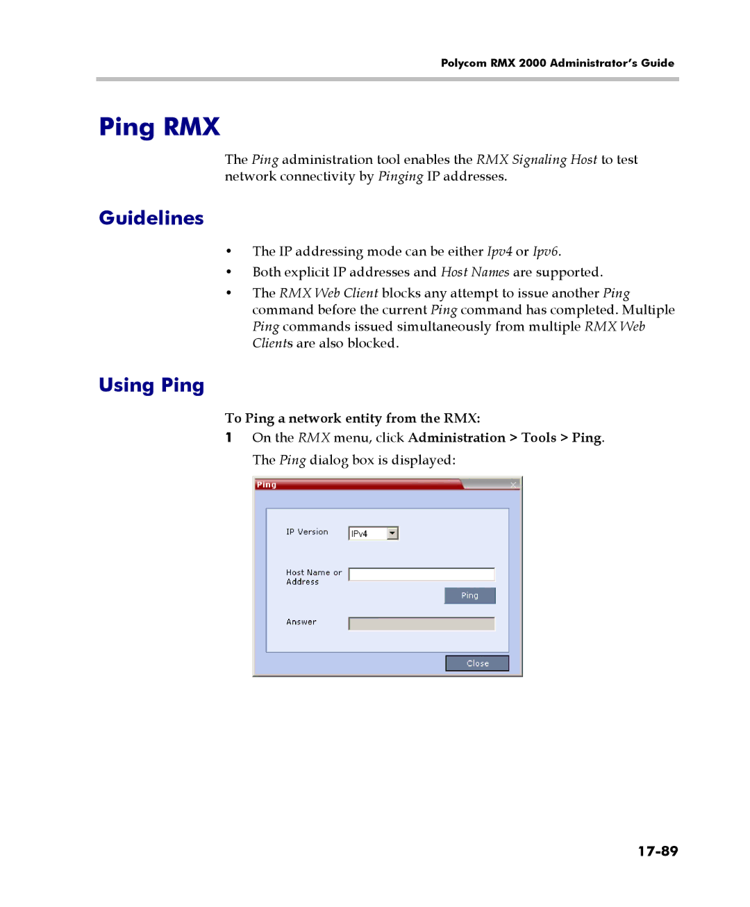 Polycom 2000/4000 manual Ping RMX, Using Ping, To Ping a network entity from the RMX, 17-89 