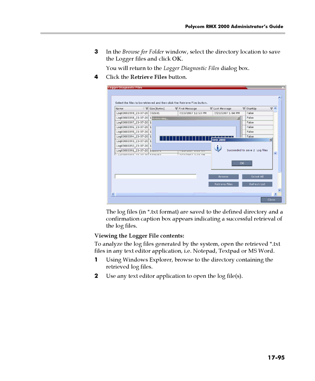 Polycom 2000/4000 manual Viewing the Logger File contents 