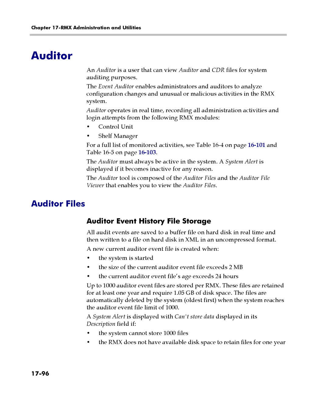 Polycom 2000/4000 manual Auditor Files, Auditor Event History File Storage, 17-96 