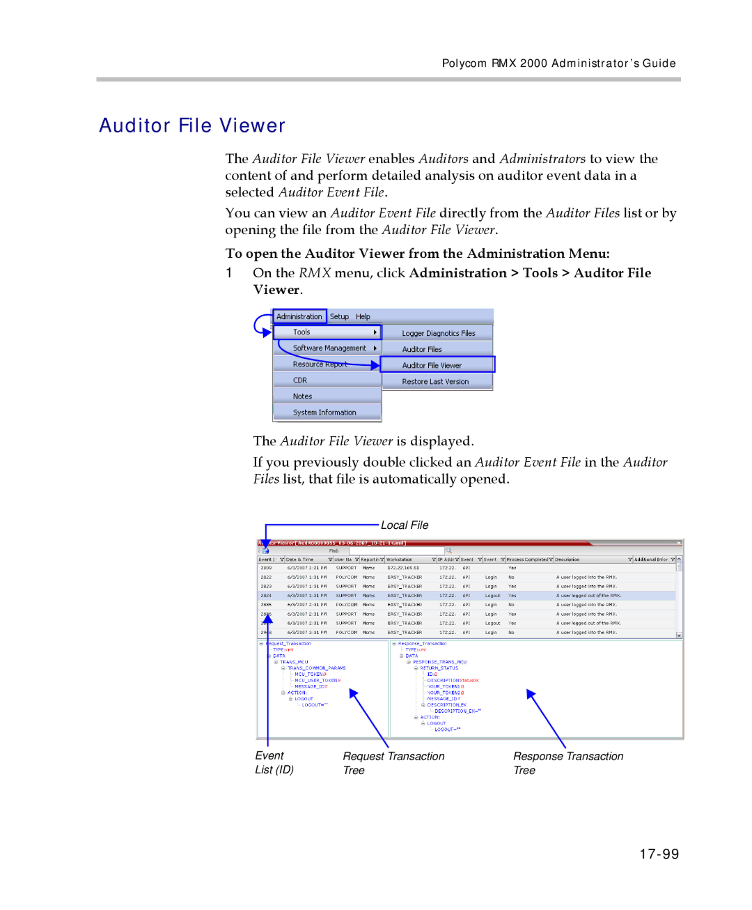 Polycom 2000/4000 manual Auditor File Viewer is displayed, 17-99 