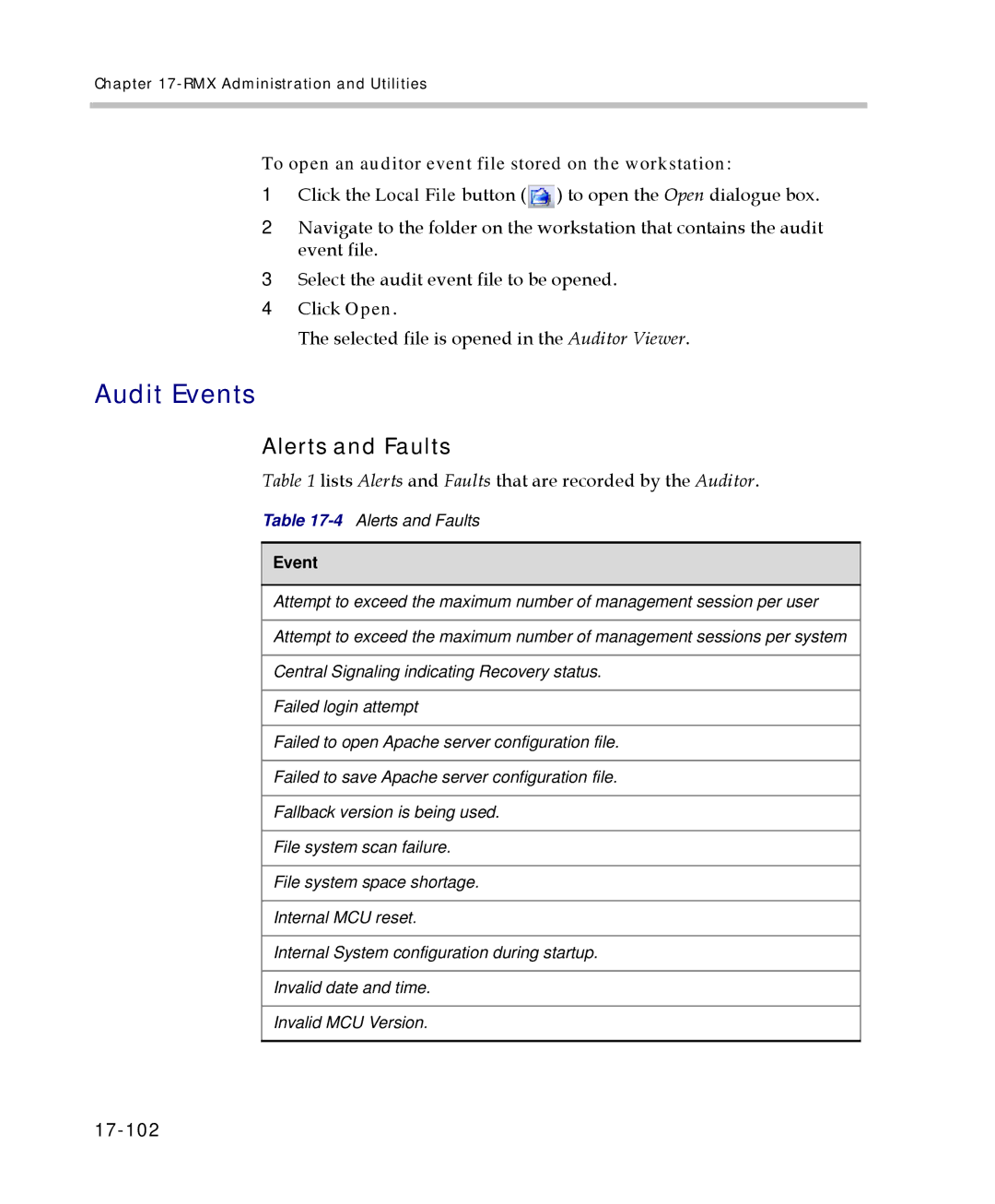 Polycom 2000/4000 manual Audit Events, Alerts and Faults, To open an auditor event file stored on the workstation, 17-102 