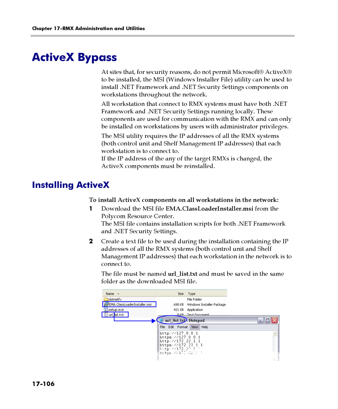 Polycom 2000/4000 manual ActiveX Bypass, Installing ActiveX, 17-106 