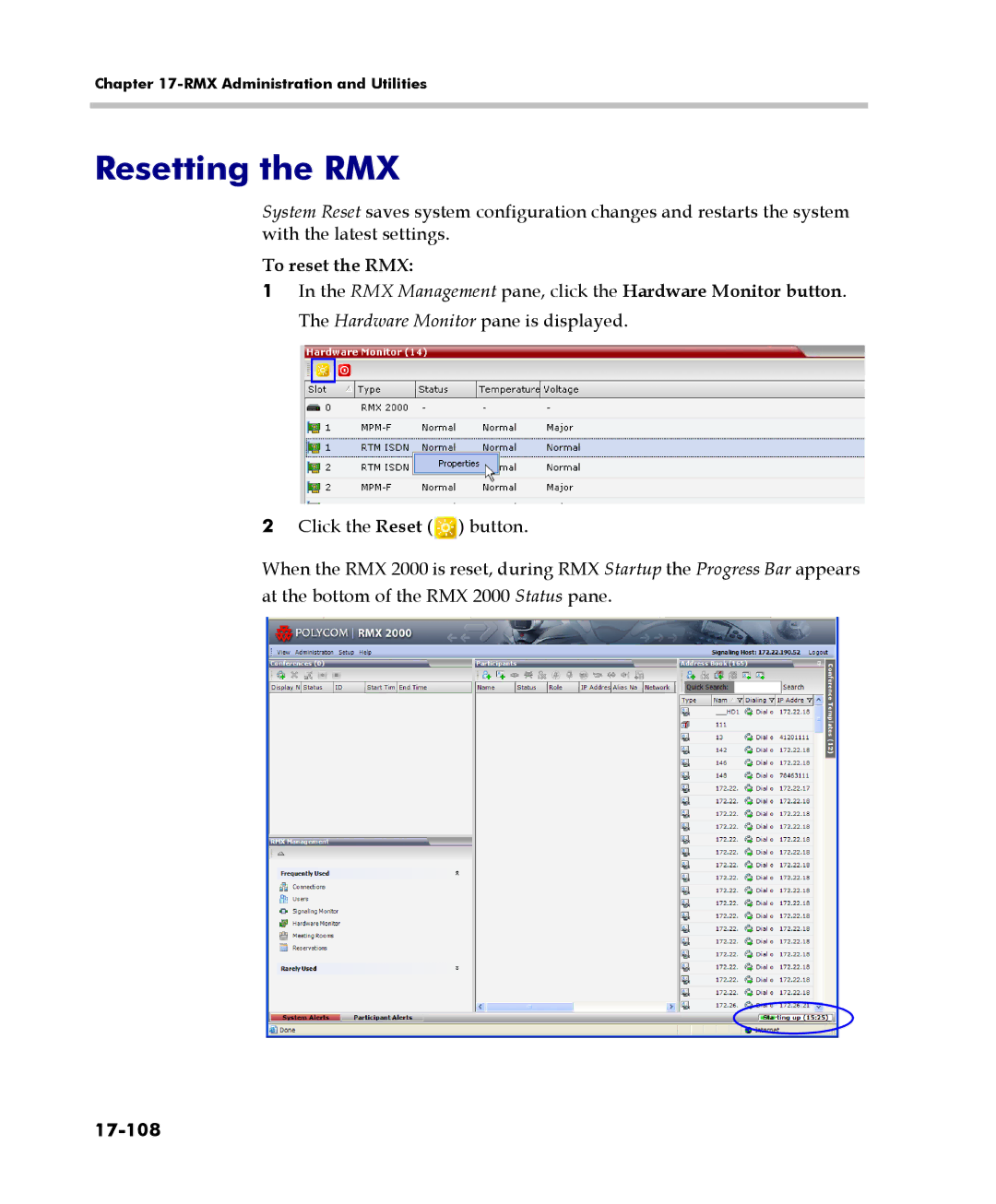 Polycom 2000/4000 manual Resetting the RMX, To reset the RMX, 17-108 