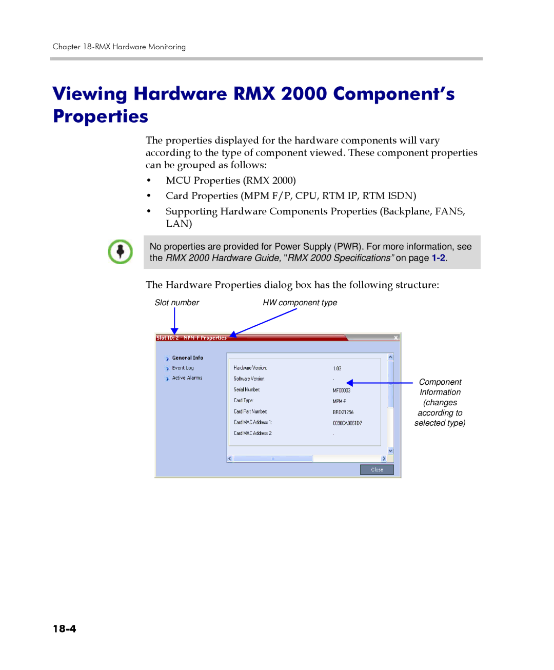 Polycom 2000/4000 manual Viewing Hardware RMX 2000 Component’s Properties, 18-4 