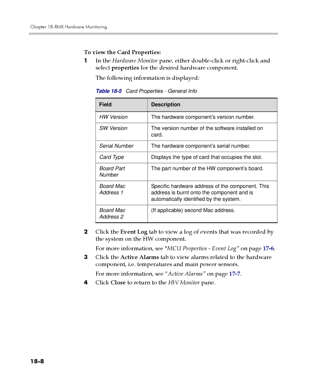 Polycom 2000/4000 manual To view the Card Properties, 18-8 