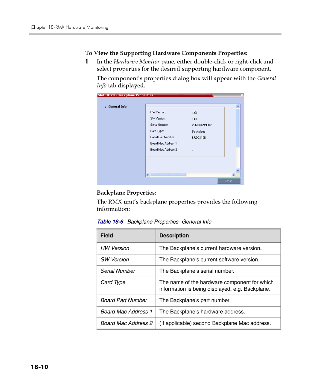 Polycom 2000/4000 manual To View the Supporting Hardware Components Properties, Backplane Properties, 18-10 