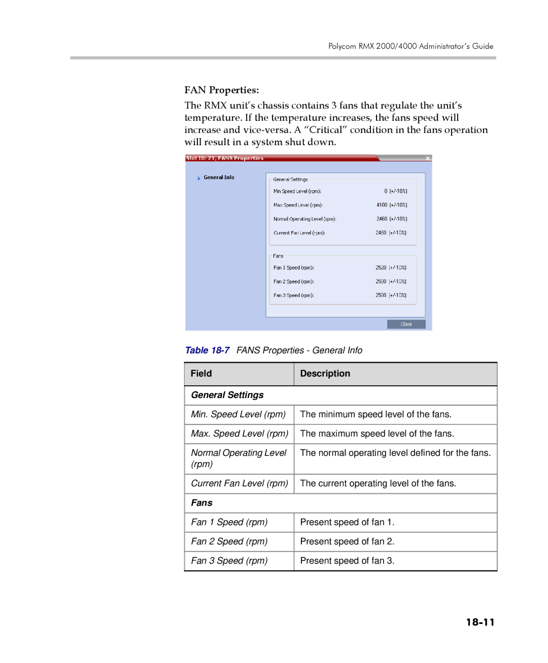 Polycom 2000/4000 manual FAN Properties, 18-11, Field Description General Settings, Fans 