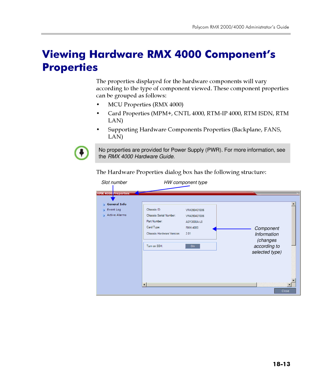 Polycom 2000/4000 manual Viewing Hardware RMX 4000 Component’s Properties, 18-13 