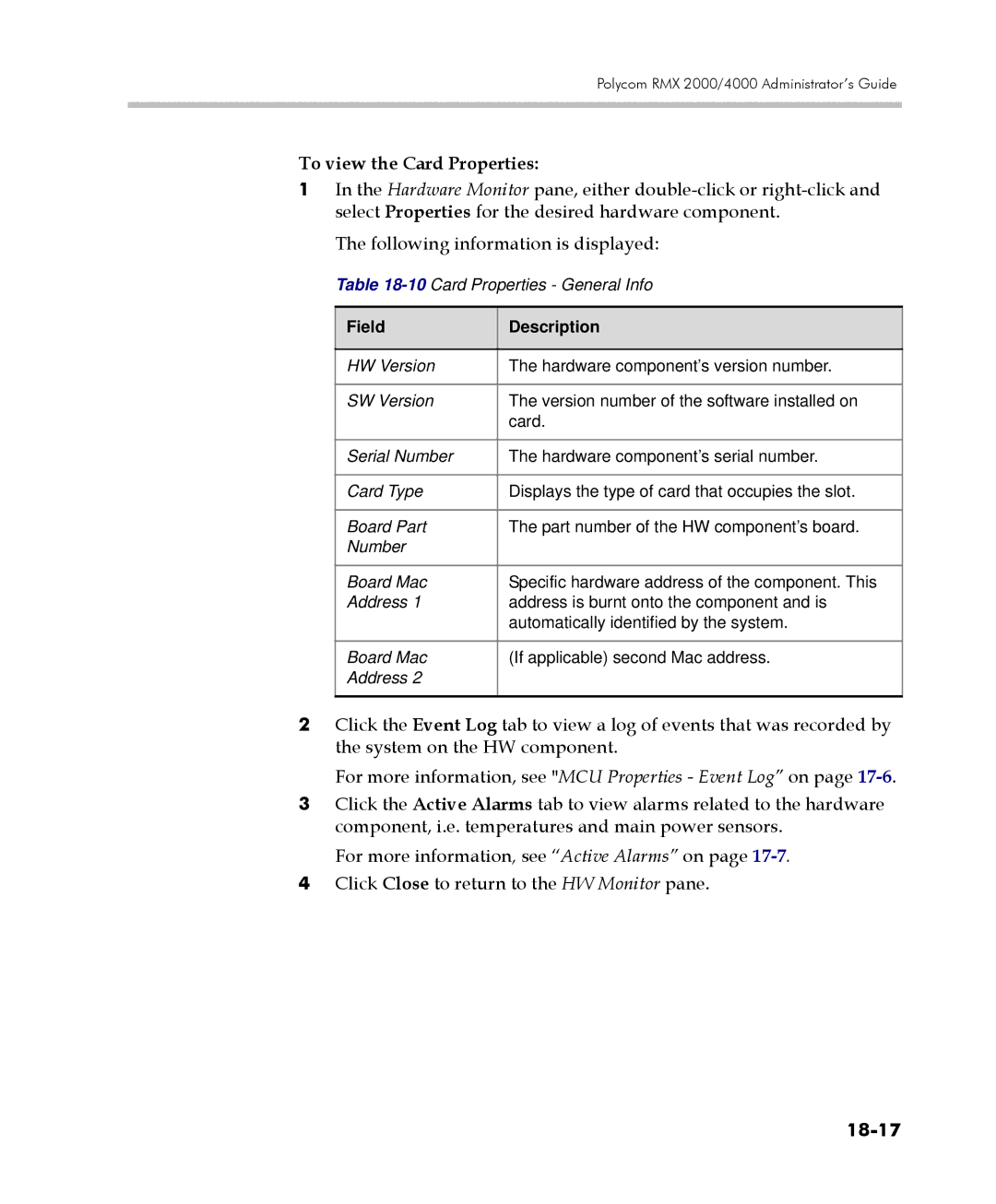 Polycom 2000/4000 manual To view the Card Properties, 18-17 