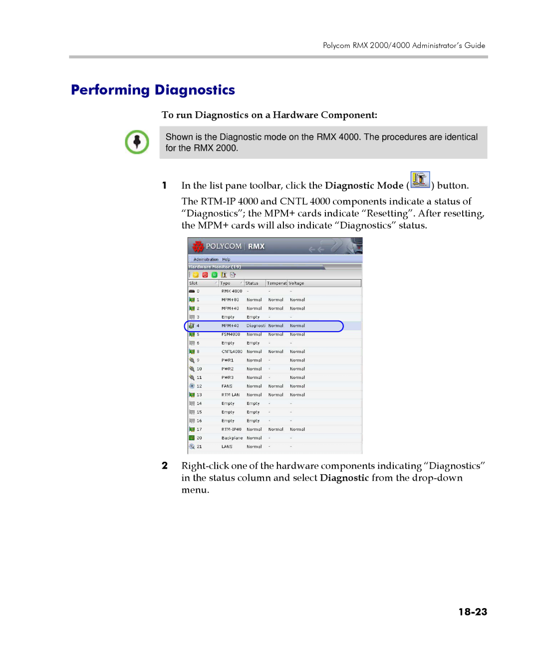 Polycom 2000/4000 manual Performing Diagnostics, To run Diagnostics on a Hardware Component, 18-23 