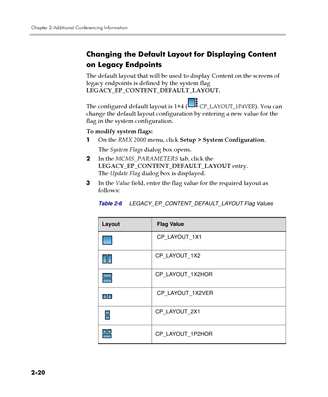 Polycom 2000/4000 manual Legacyepcontentdefaultlayout, To modify system flags 