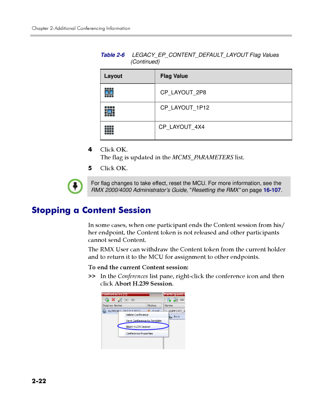 Polycom 2000/4000 manual Stopping a Content Session, Click OK Flag is updated in the Mcmsparameters list, Layout Flag Value 