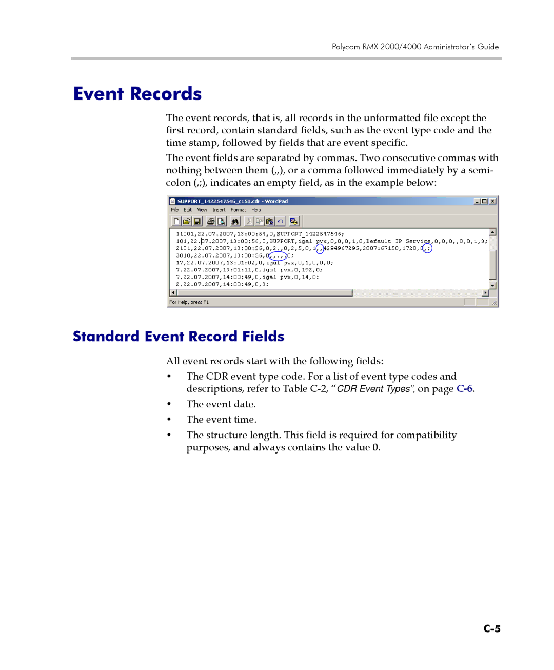 Polycom 2000/4000 manual Event Records, Standard Event Record Fields 