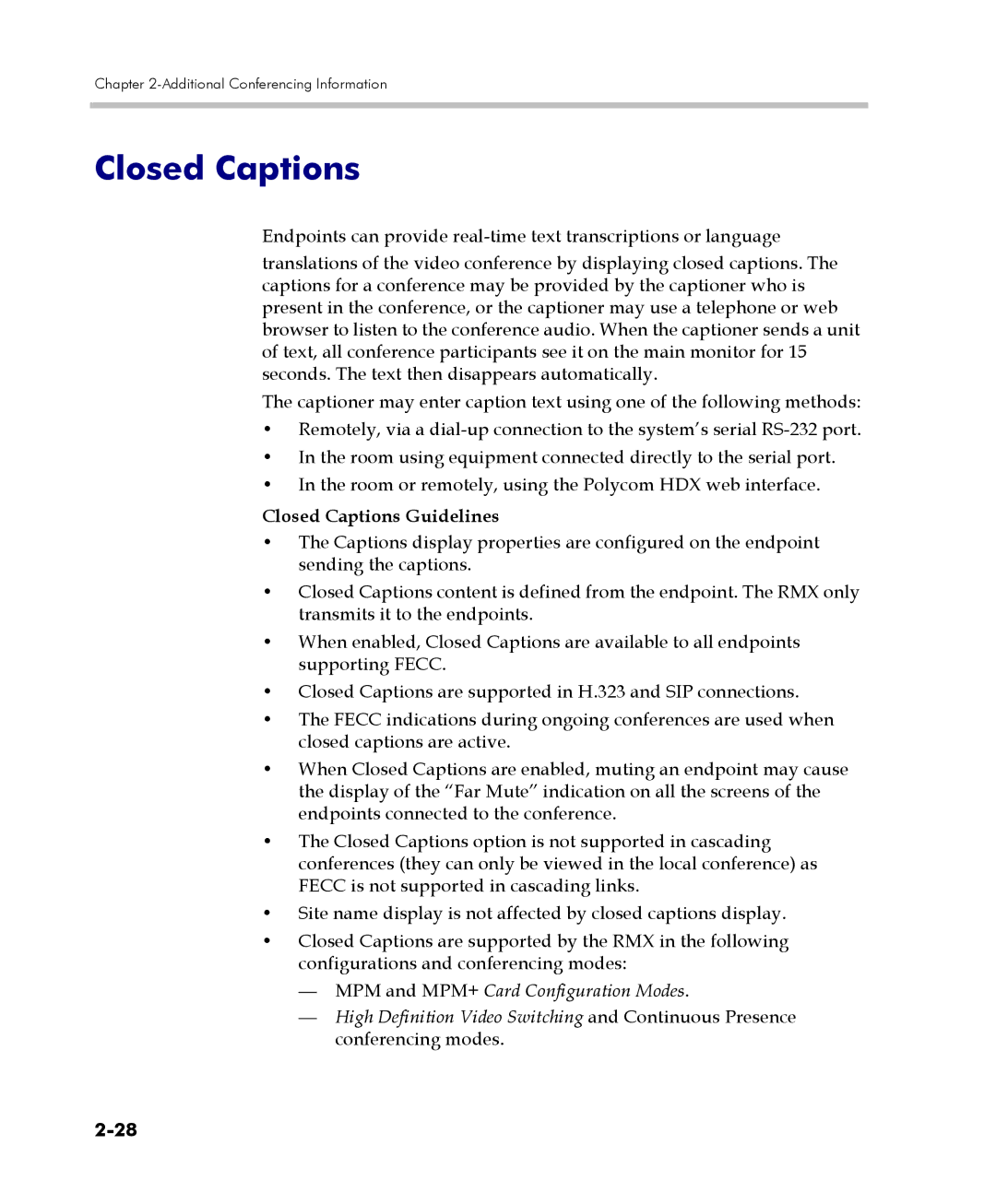 Polycom 2000/4000 manual Closed Captions Guidelines, MPM and MPM+ Card Configuration Modes 