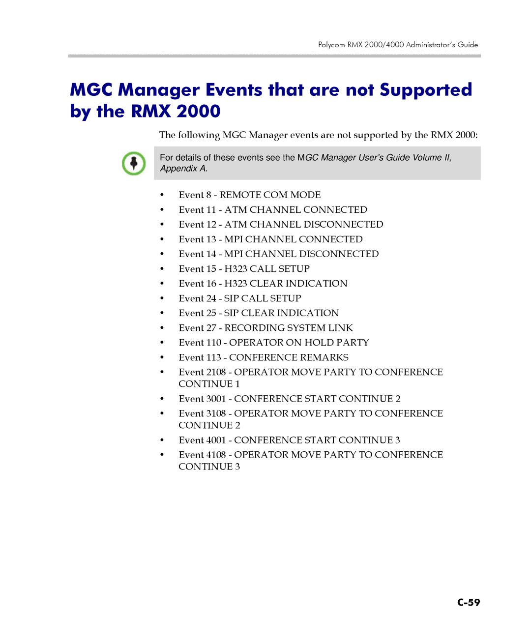 Polycom 2000/4000 manual MGC Manager Events that are not Supported by the RMX 