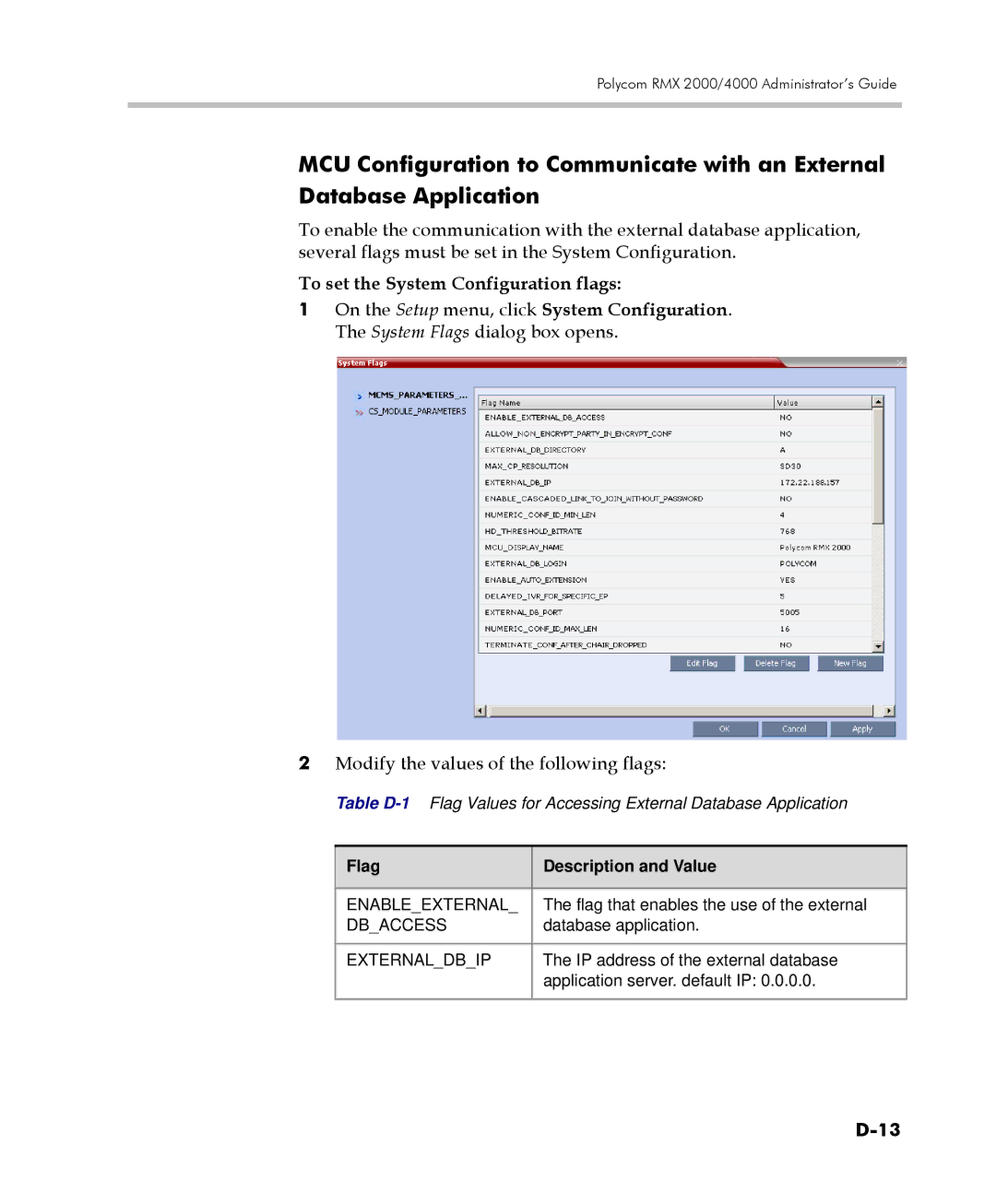 Polycom 2000/4000 manual To set the System Configuration flags, Flag Description and Value 