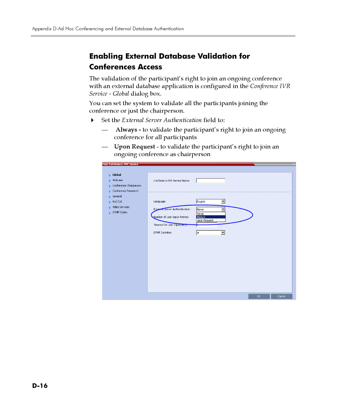 Polycom 2000/4000 manual Enabling External Database Validation for Conferences Access 