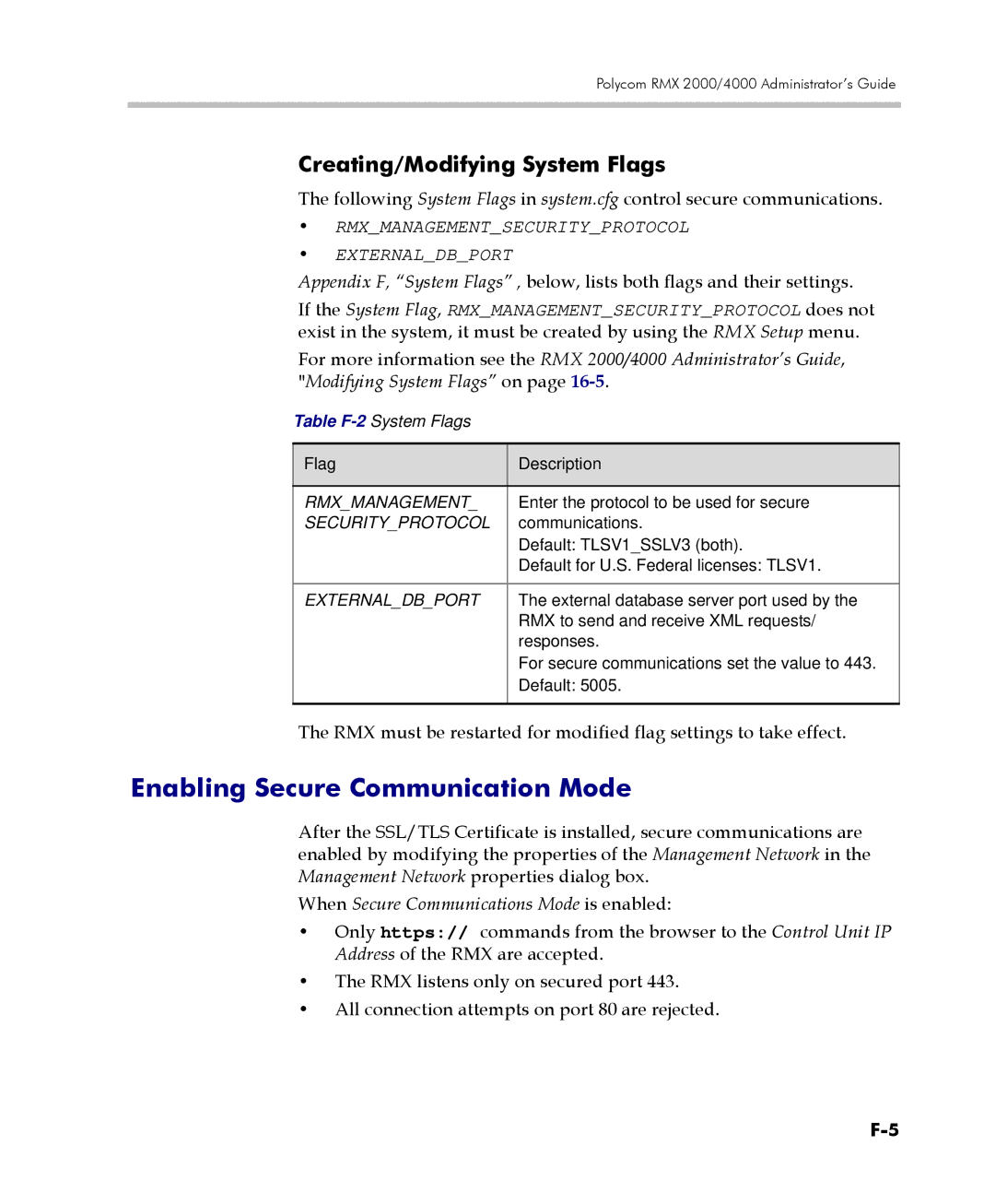 Polycom 2000/4000 manual Enabling Secure Communication Mode, Creating/Modifying System Flags, Securityprotocol 