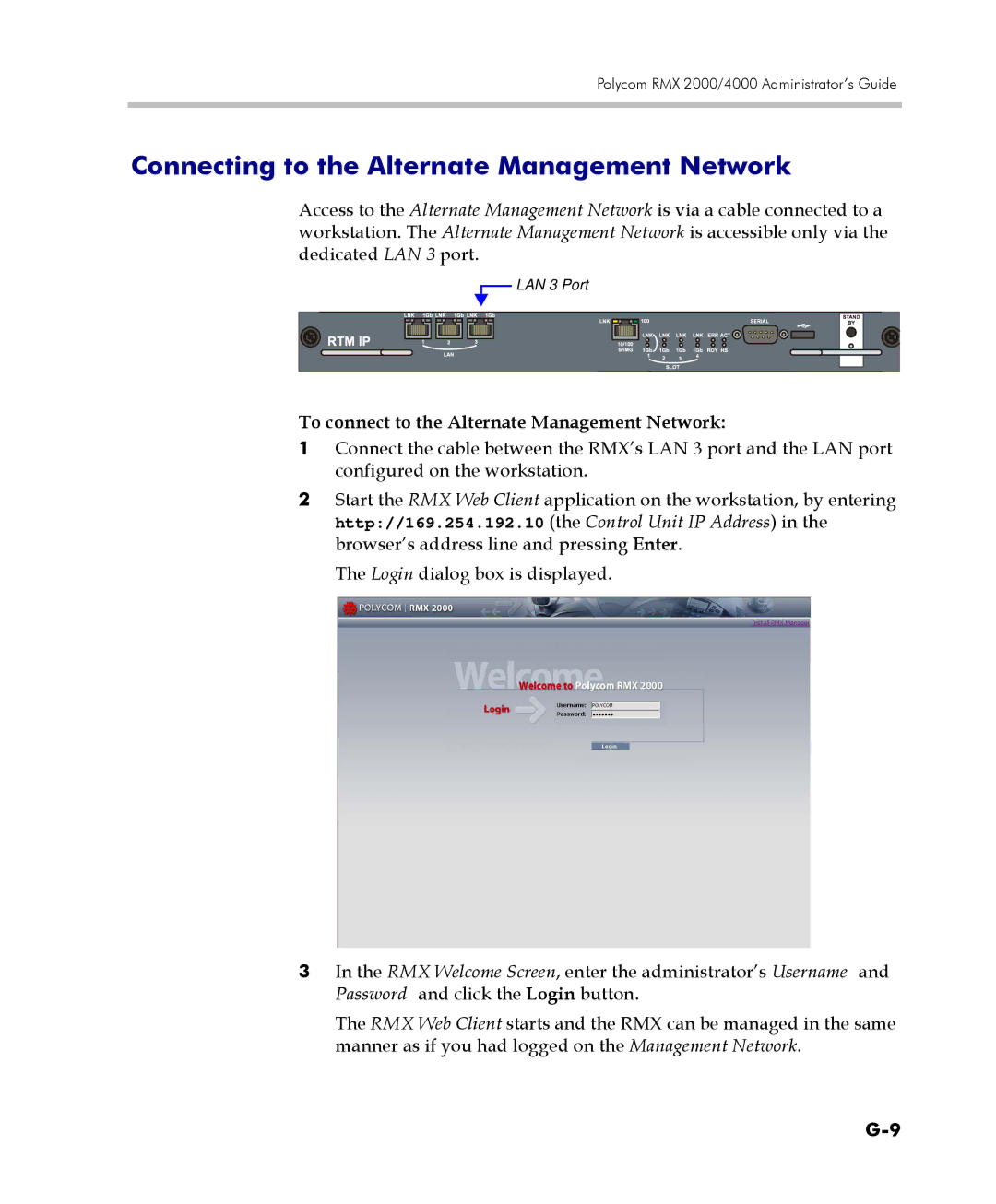 Polycom 2000/4000 manual Connecting to the Alternate Management Network, To connect to the Alternate Management Network 