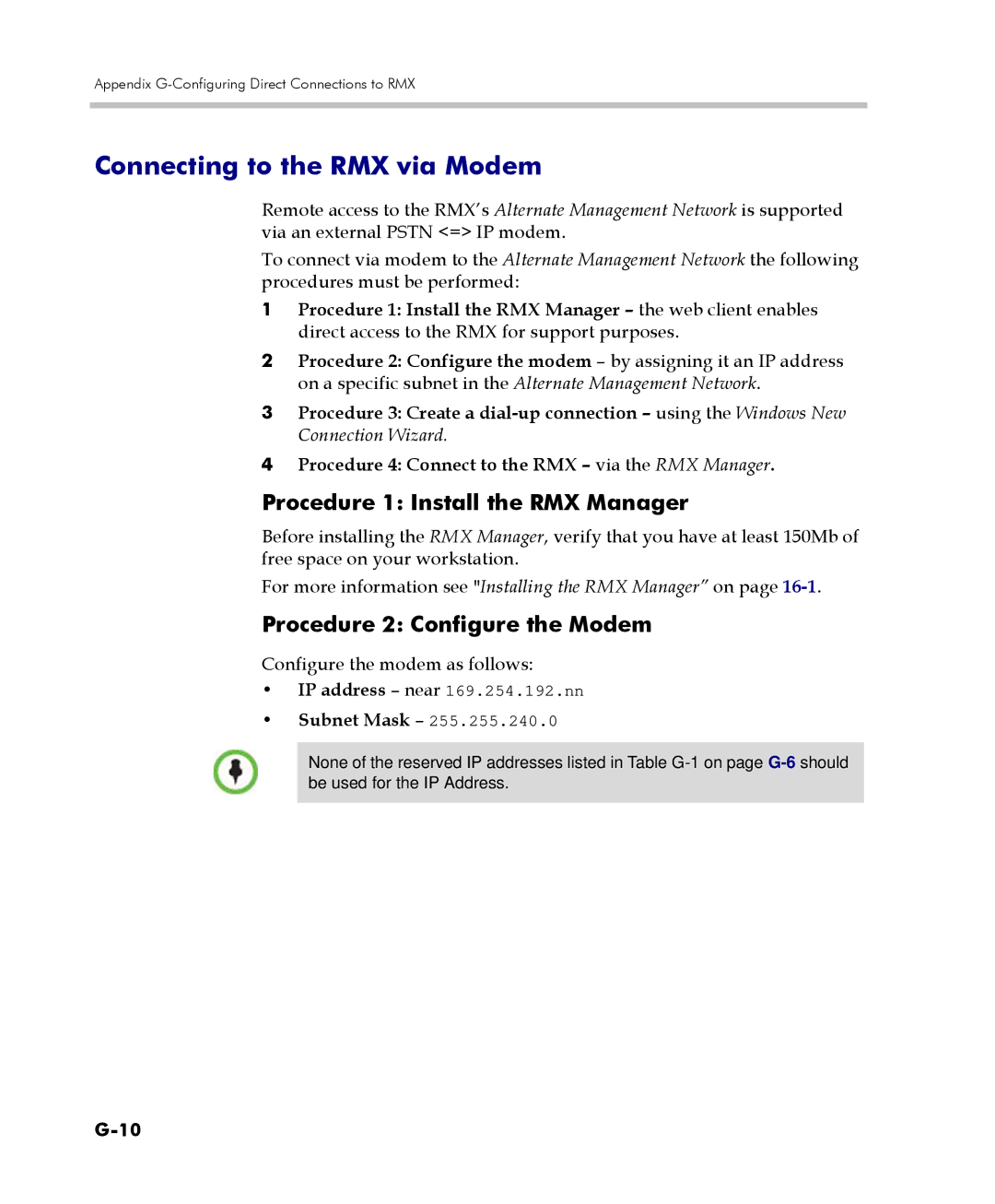 Polycom 2000/4000 Connecting to the RMX via Modem, Procedure 1 Install the RMX Manager, Procedure 2 Configure the Modem 