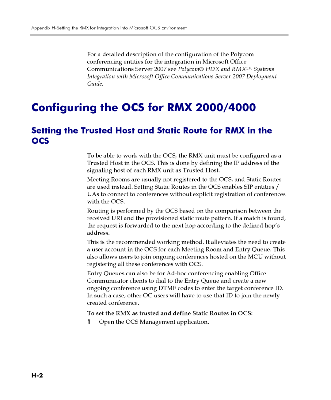 Polycom manual Configuring the OCS for RMX 2000/4000, Setting the Trusted Host and Static Route for RMX 