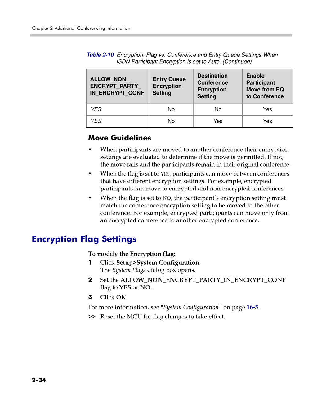 Polycom 2000/4000 manual Encryption Flag Settings, Move Guidelines, To modify the Encryption flag 