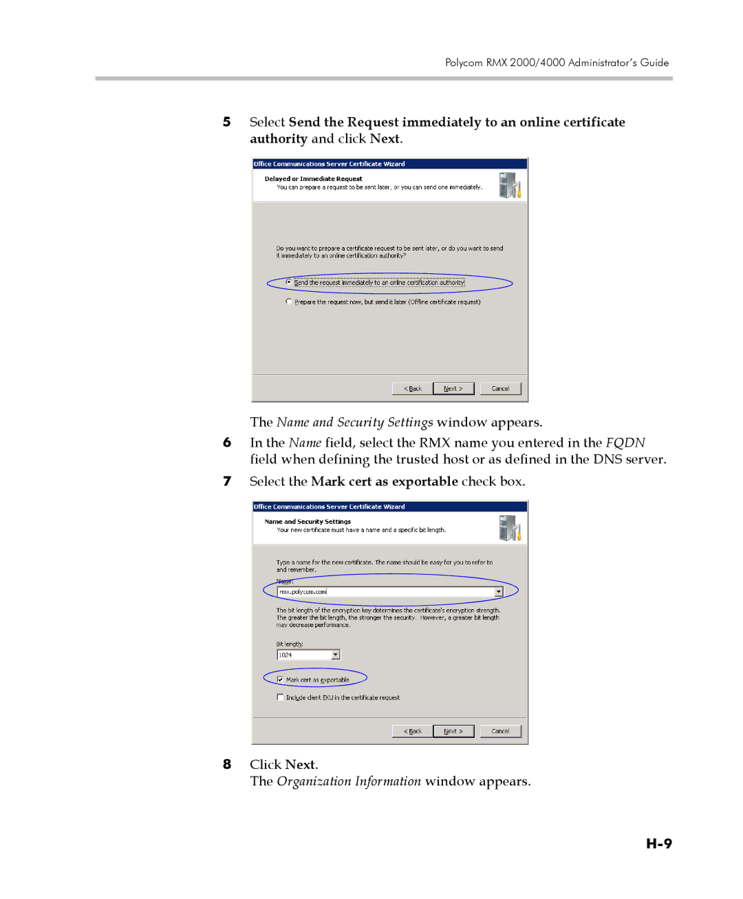 Polycom 2000/4000 manual Name and Security Settings window appears, Select the Mark cert as exportable check box 