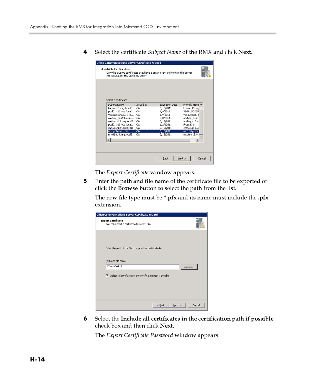 Polycom 2000/4000 manual Export Certificate Password window appears 