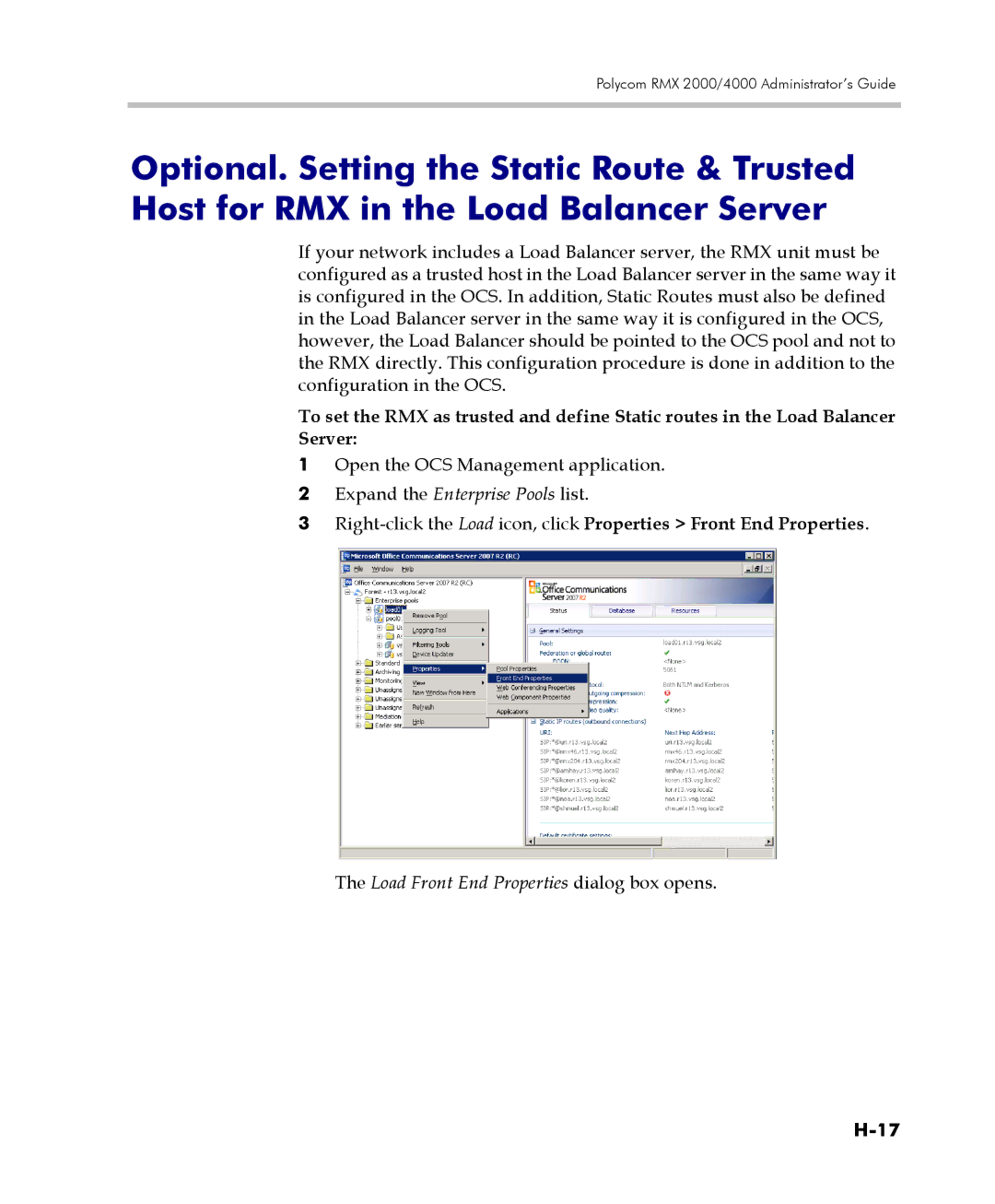 Polycom 2000/4000 manual Open the OCS Management application, Load Front End Properties dialog box opens 