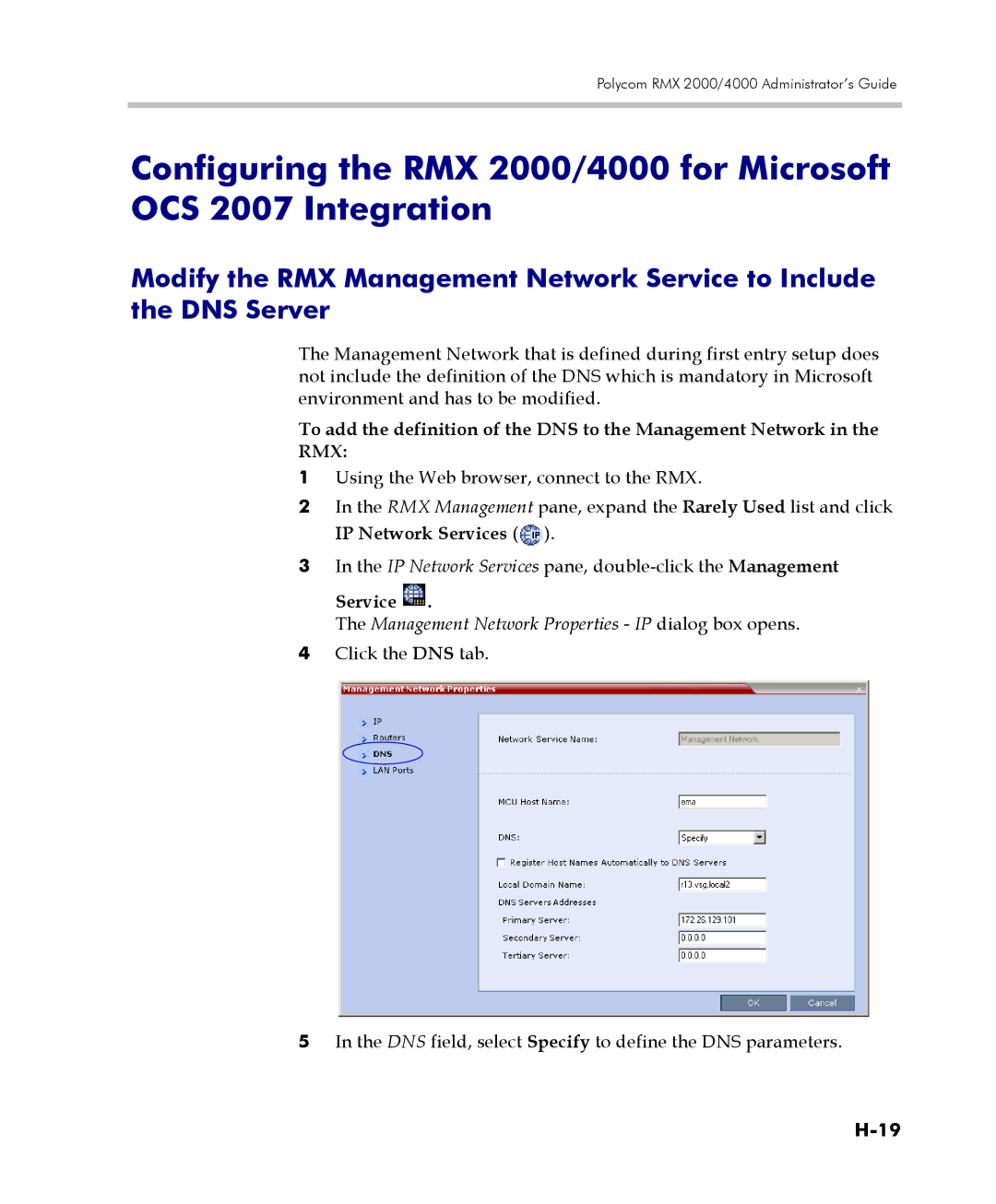 Polycom 2000/4000 manual Service, Management Network Properties IP dialog box opens 