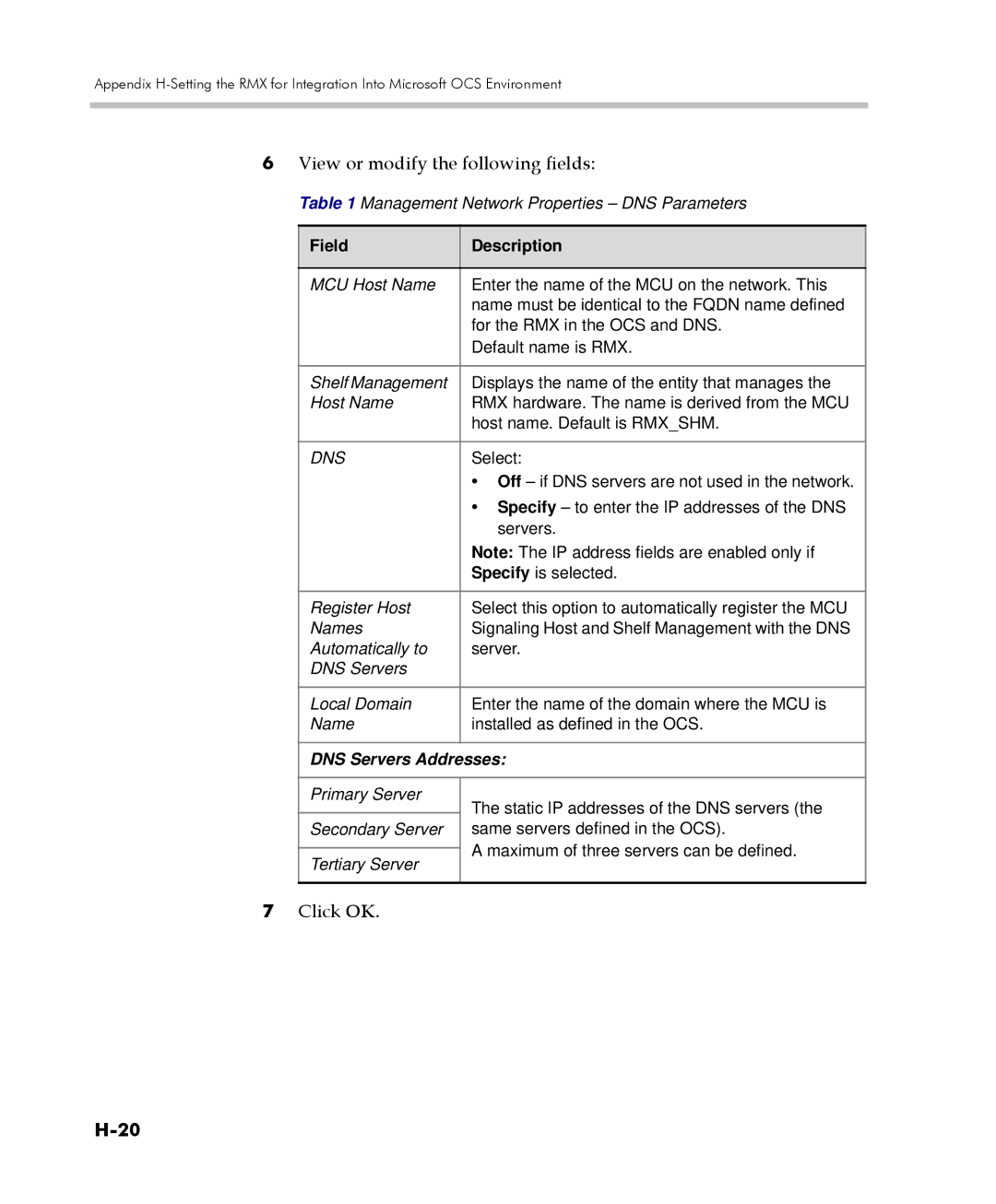 Polycom 2000/4000 manual View or modify the following fields, DNS Servers Addresses 