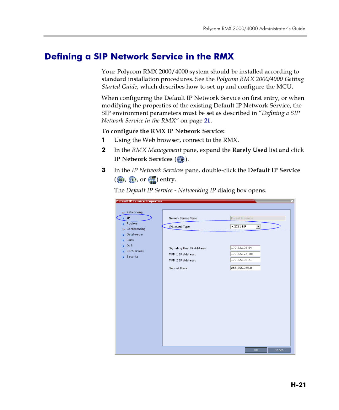 Polycom 2000/4000 manual Defining a SIP Network Service in the RMX, To configure the RMX IP Network Service 