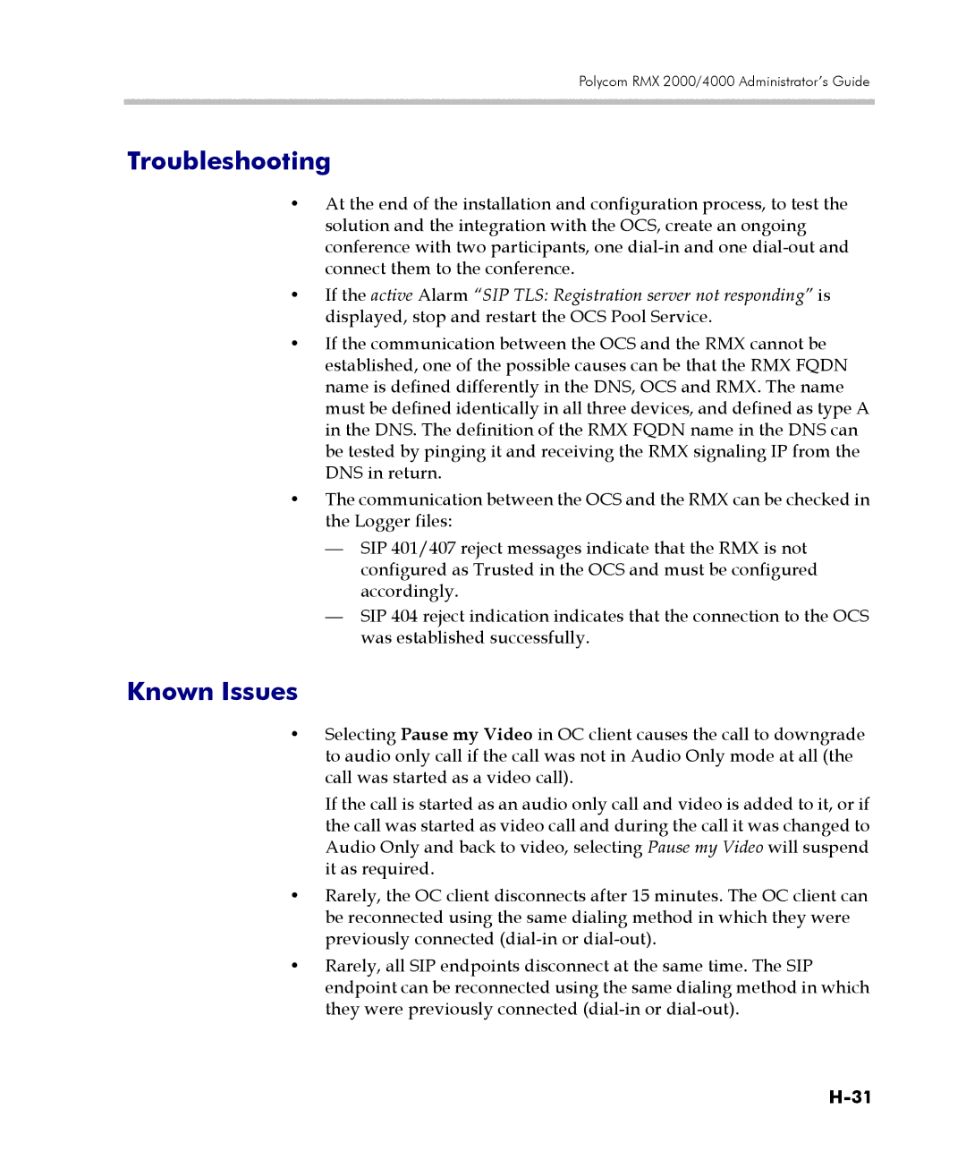 Polycom 2000/4000 manual Troubleshooting, Known Issues 