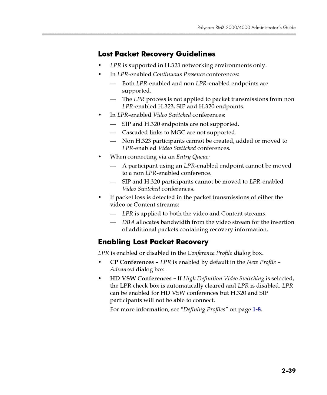 Polycom 2000/4000 manual Lost Packet Recovery Guidelines, Enabling Lost Packet Recovery 