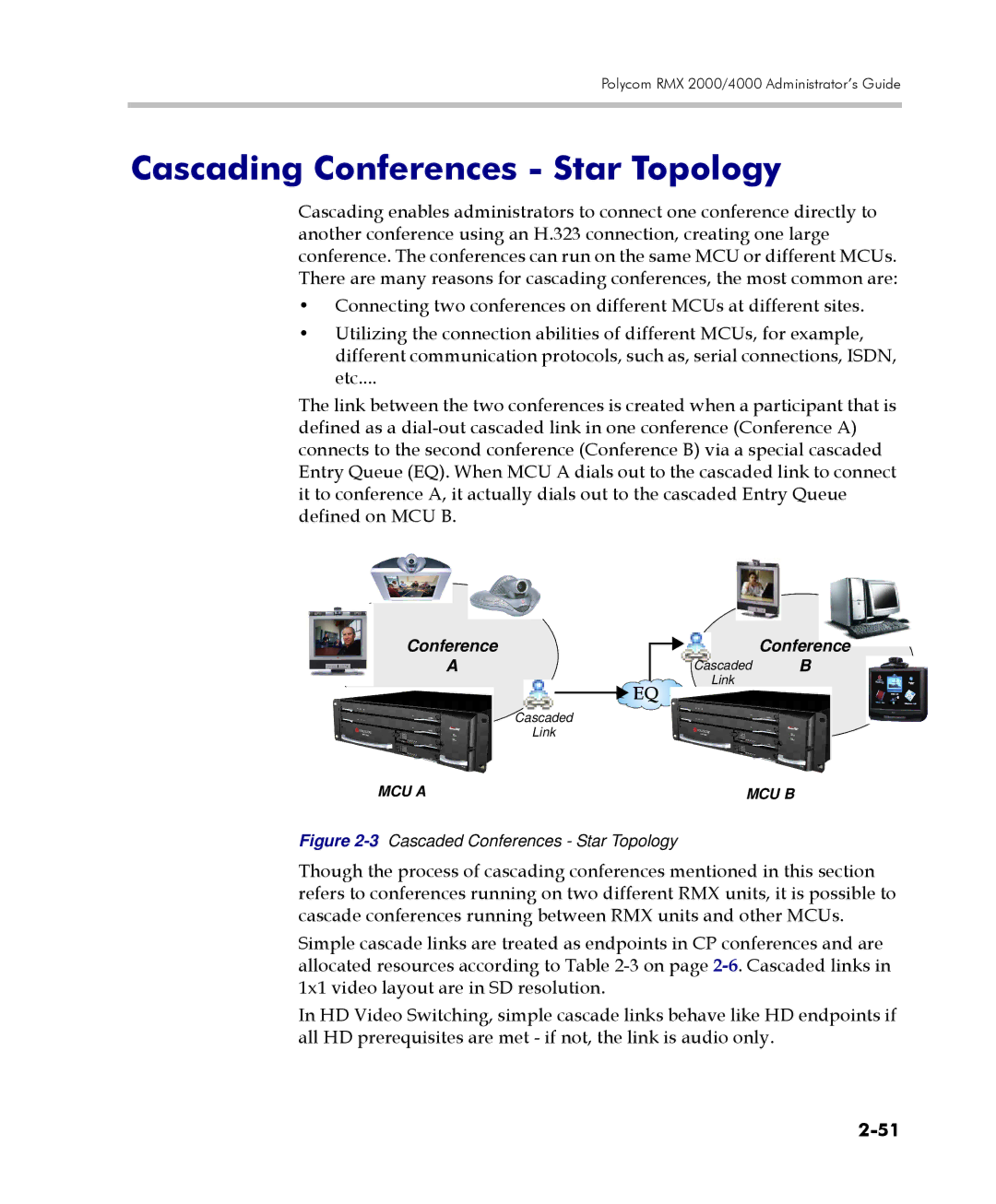 Polycom 2000/4000 manual Cascading Conferences Star Topology, 3Cascaded Conferences Star Topology 