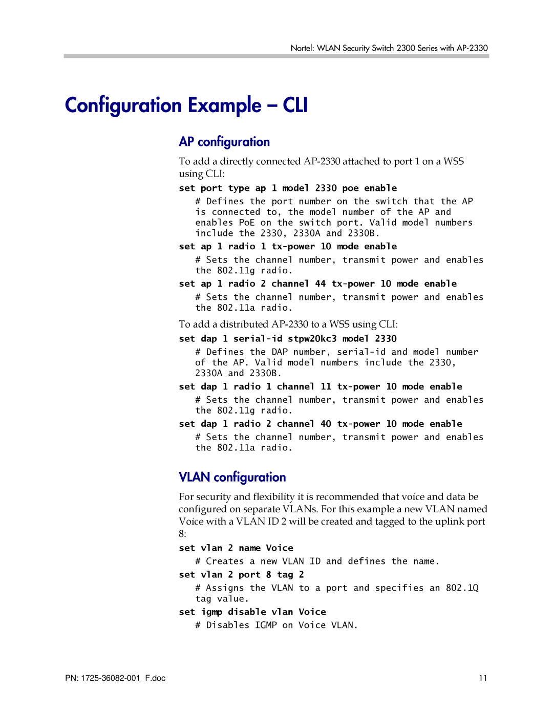 Polycom 2300 manual Configuration Example CLI, AP configuration, Vlan configuration 