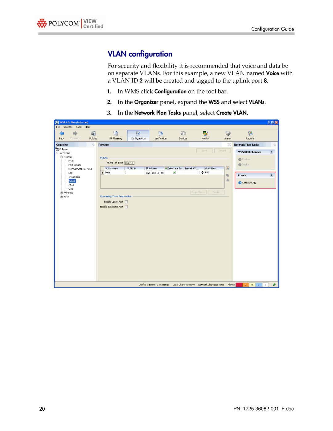 Polycom 2300 manual Network Plan Tasks panel, select Create Vlan 