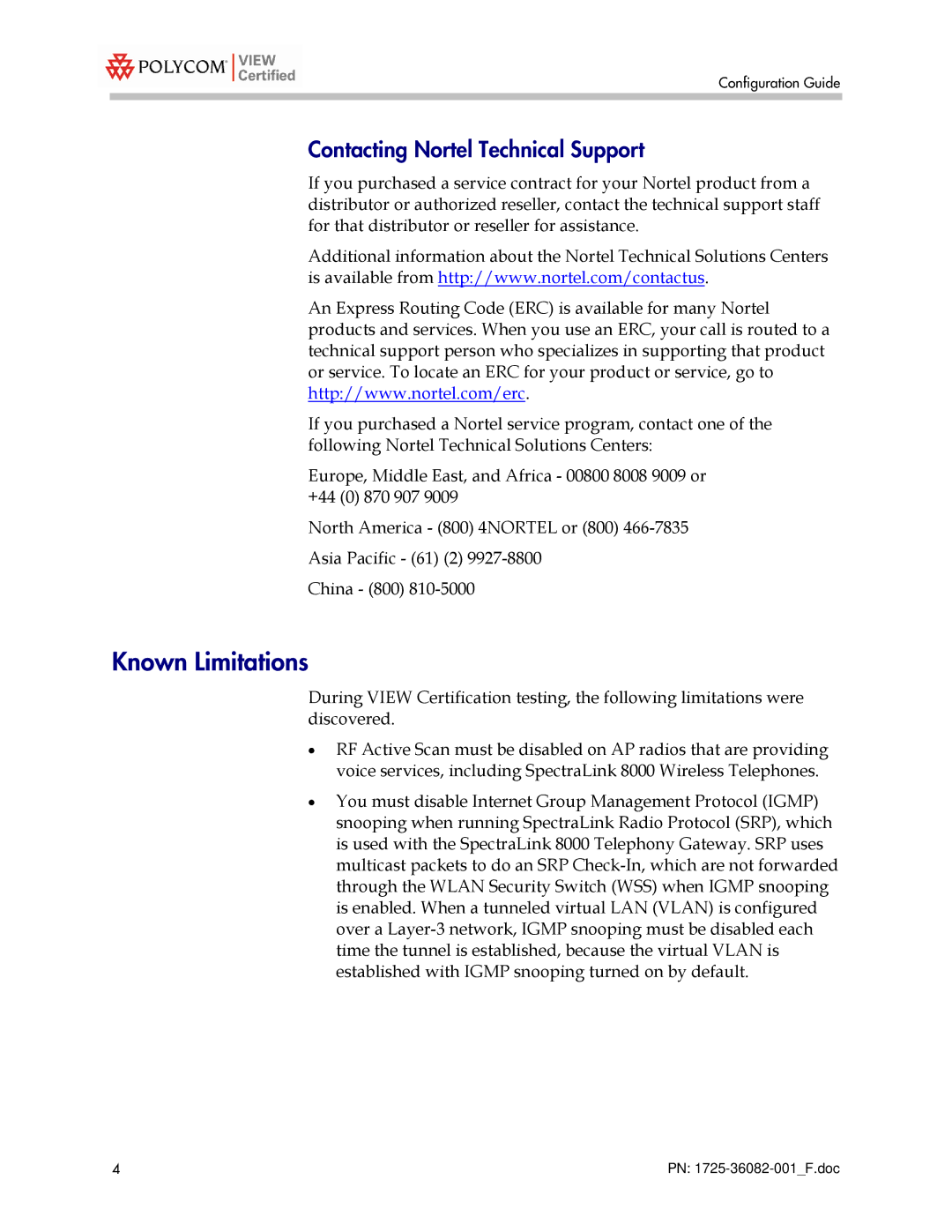 Polycom 2300 manual Known Limitations, Contacting Nortel Technical Support 