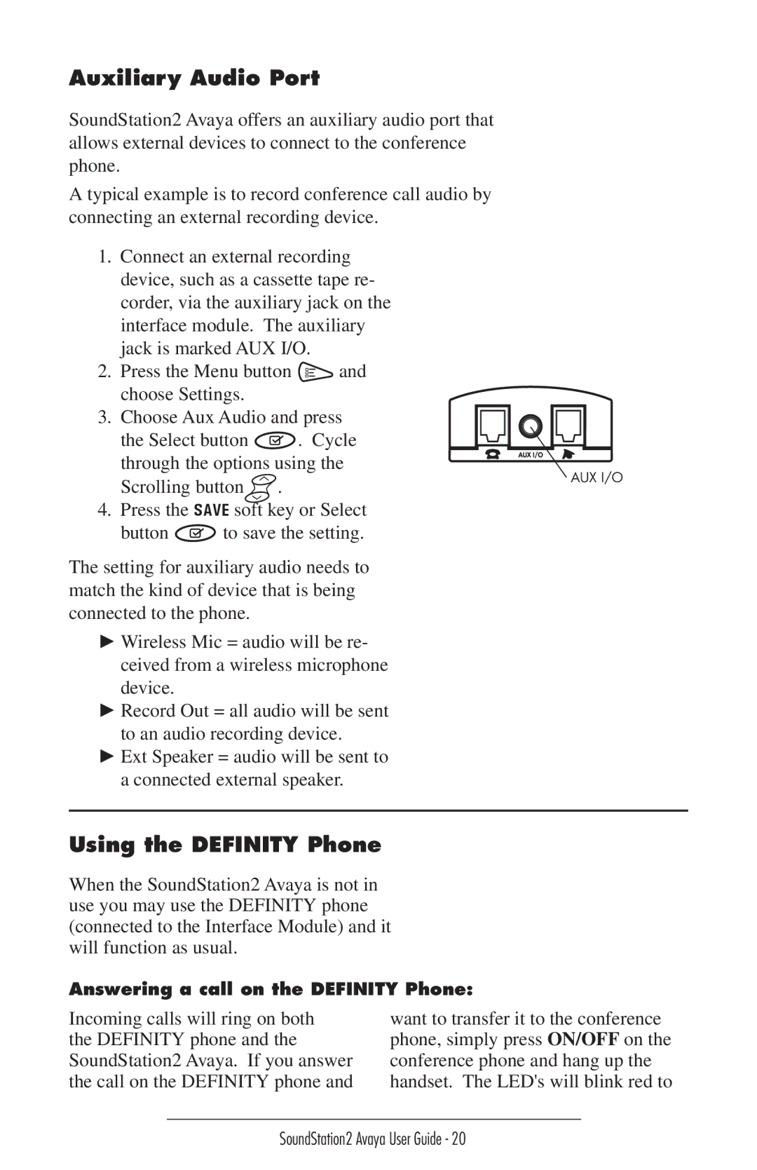 Polycom 2490 manual Auxiliary Audio Port, Using the Definity Phone 