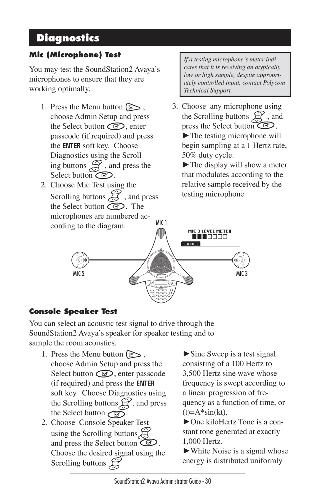 Polycom 2490 manual Diagnostics, Mic 