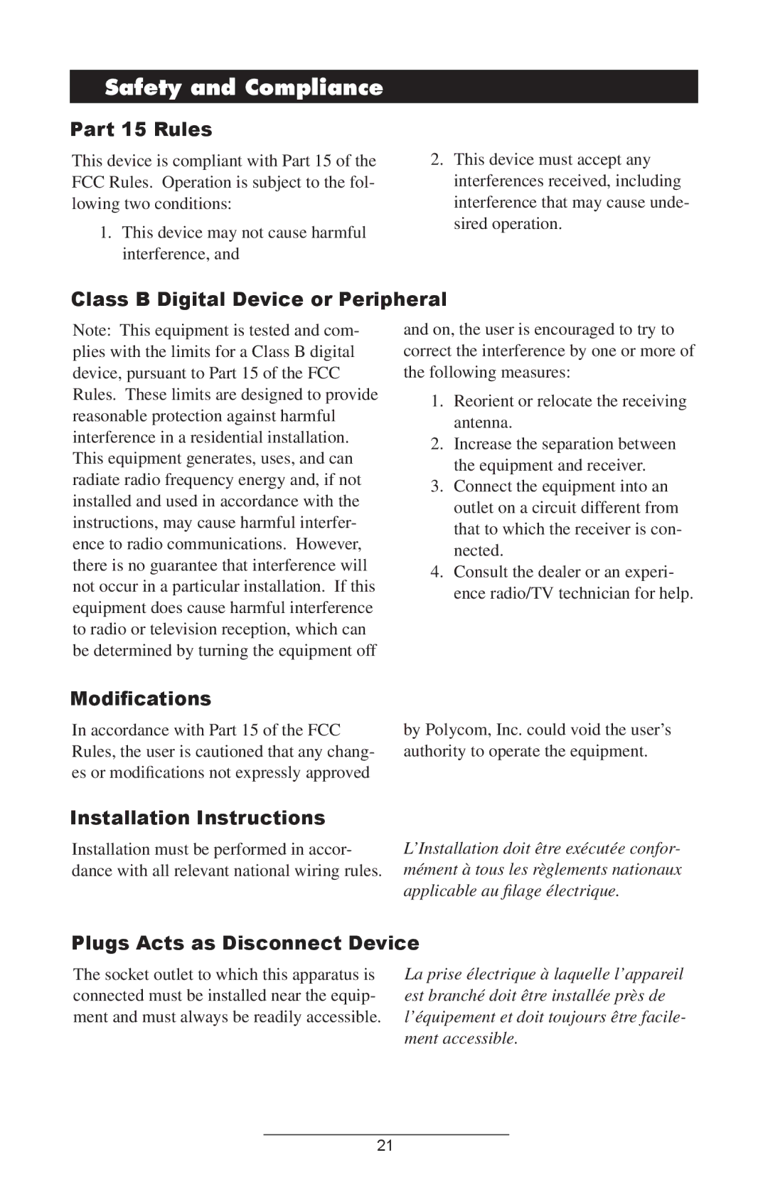 Polycom 300, 301 manual Safety and Compliance, Class B Digital Device or Peripheral, Modiﬁcations, Installation Instructions 