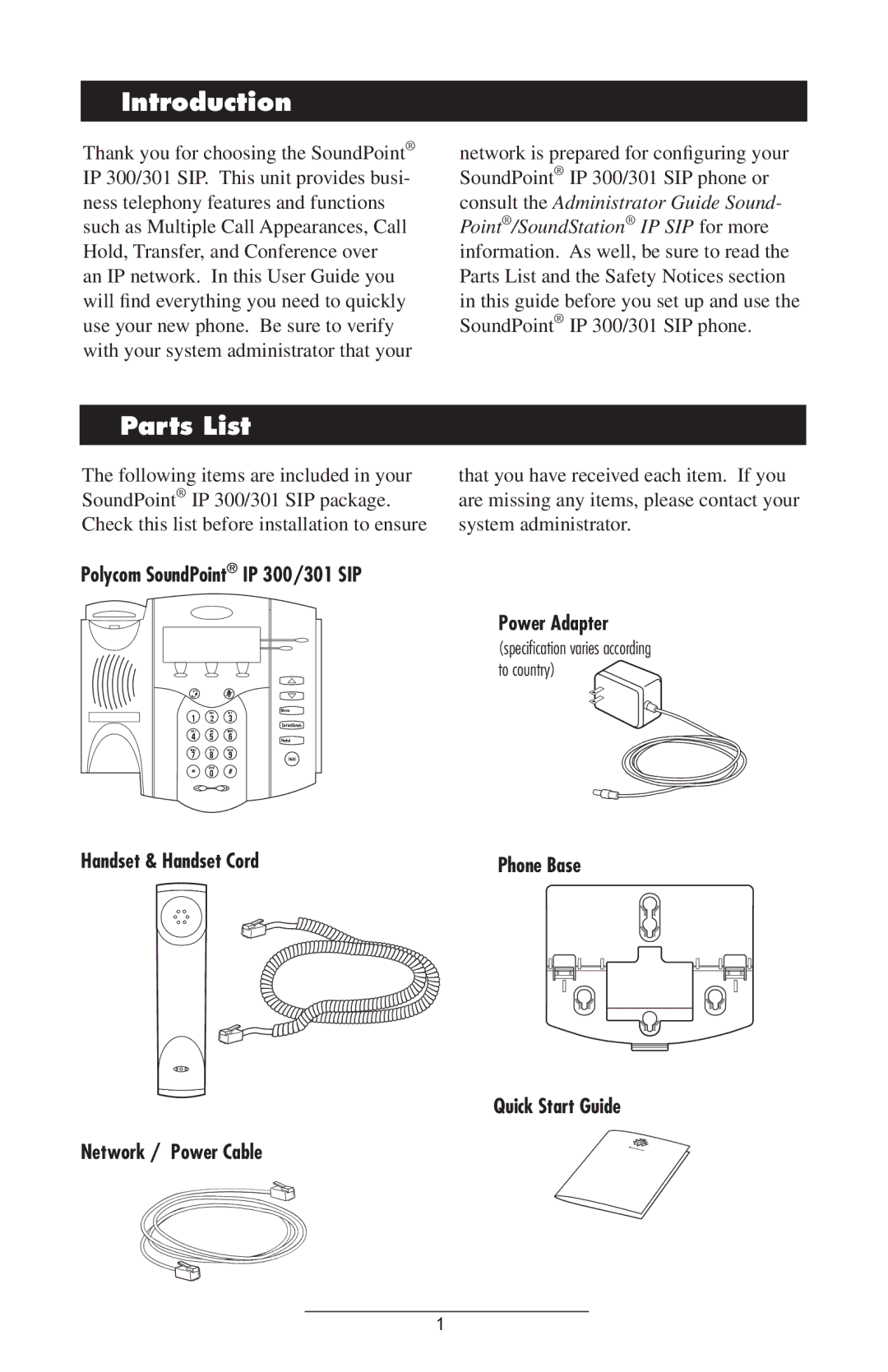 Polycom 300, 301 manual Introduction, Parts List 