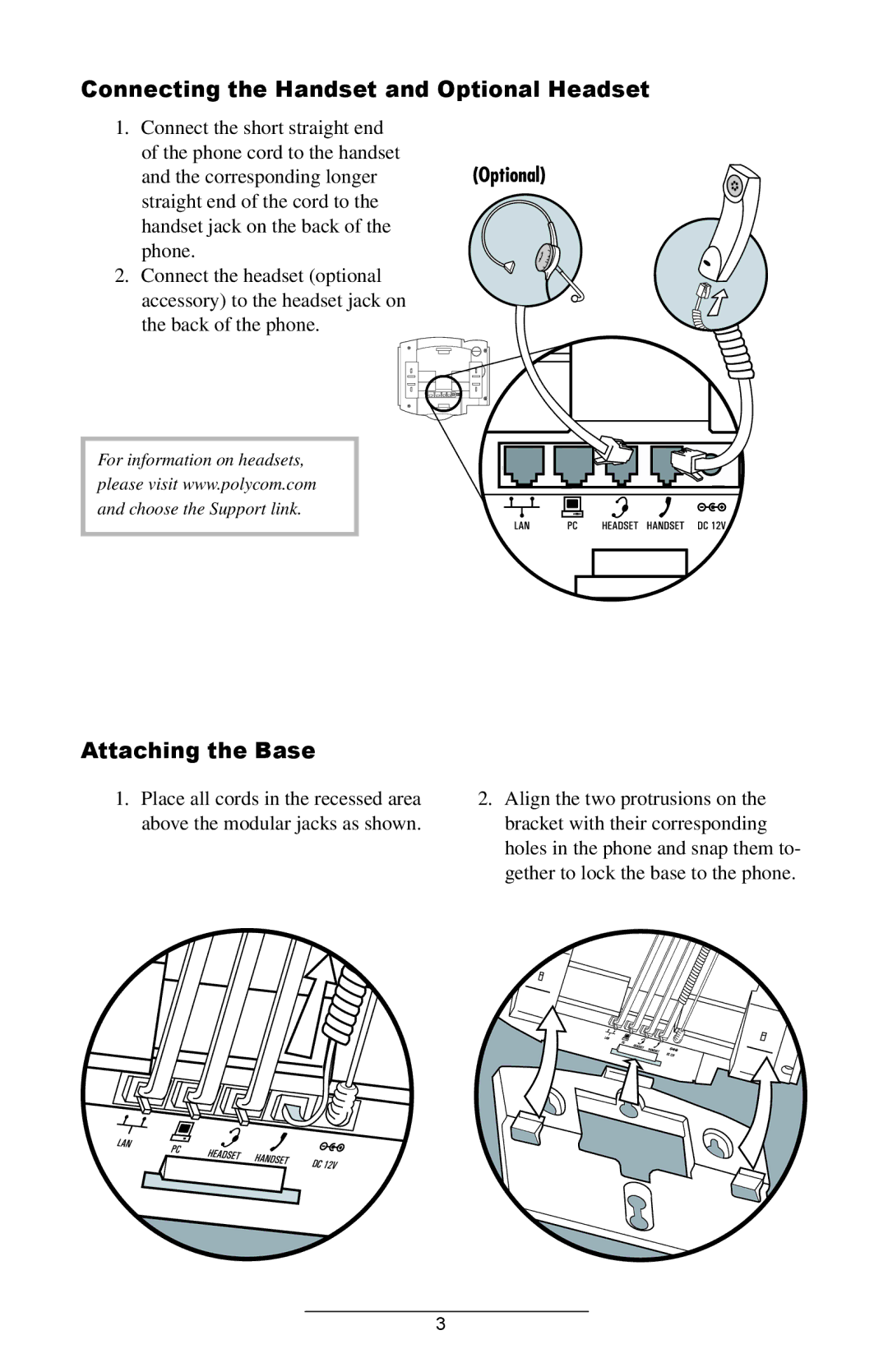 Polycom 300, 301 manual Connecting the Handset and Optional Headset, Attaching the Base 