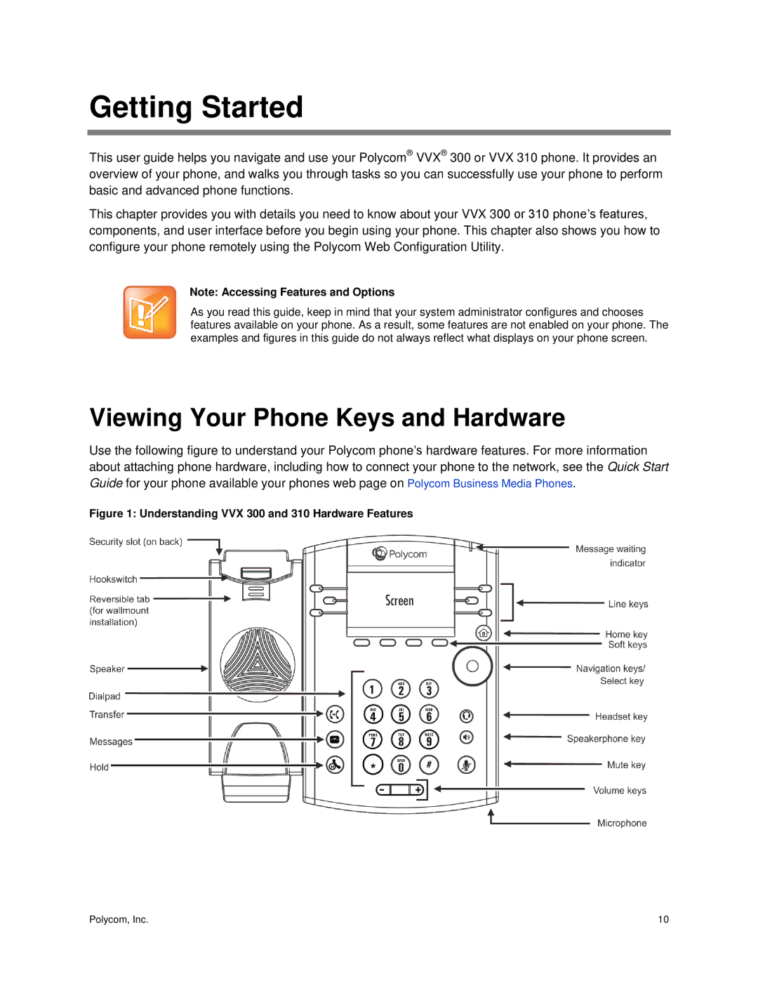 Polycom 300 and 310 manual Getting Started, Viewing Your Phone Keys and Hardware 