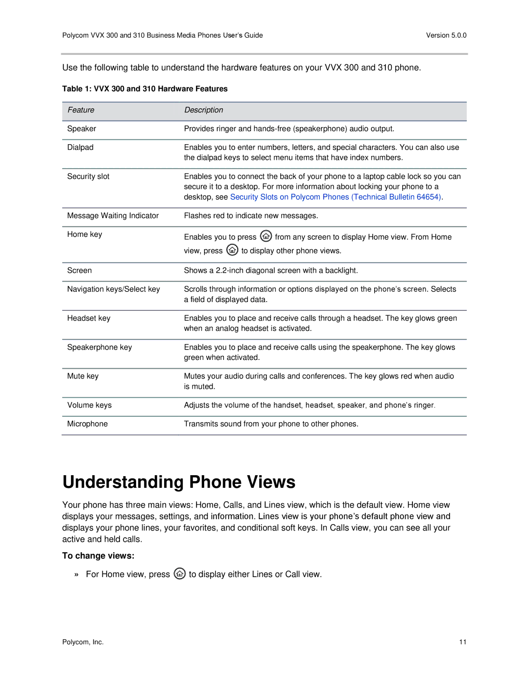 Polycom manual Understanding Phone Views, To change views, VVX 300 and 310 Hardware Features 