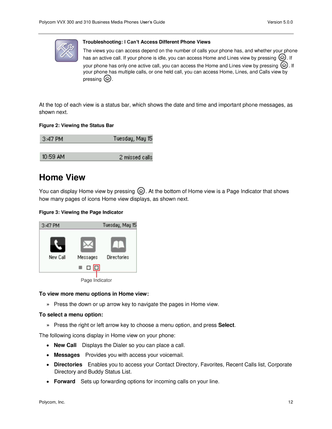 Polycom 300 and 310 manual Home View, To view more menu options in Home view, To select a menu option 