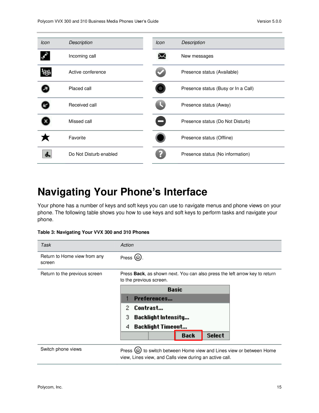 Polycom manual Navigating Your Phone’s Interface, Navigating Your VVX 300 and 310 Phones 