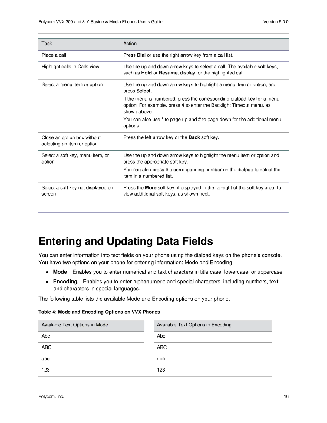 Polycom 300 and 310 manual Entering and Updating Data Fields, Mode and Encoding Options on VVX Phones 